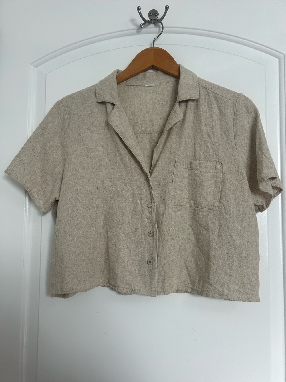 Linen blend Cropped Short-Sleeve Button Front Top size S Boxy Fit coastal chic